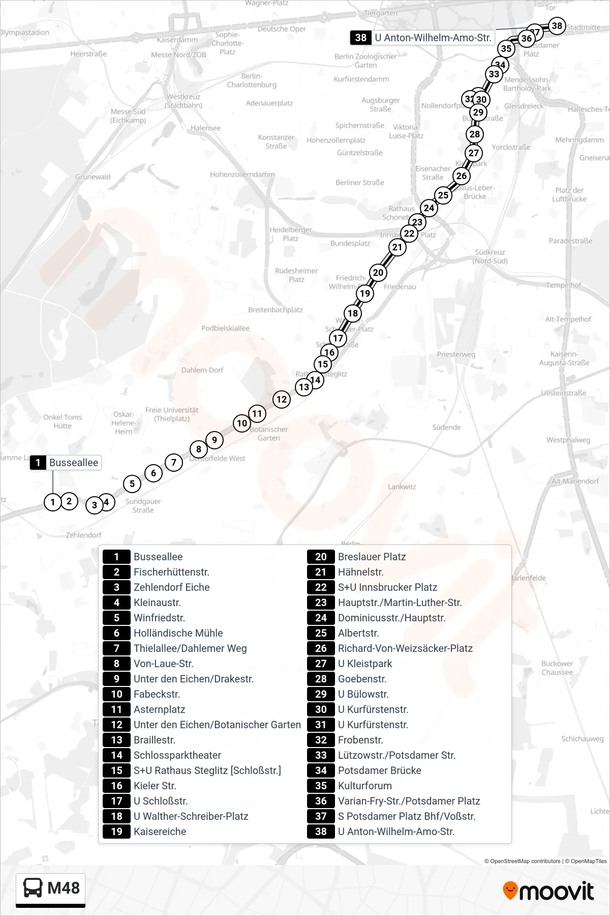 M48 bus Line (U Mohrenstr.) route and stops on a map