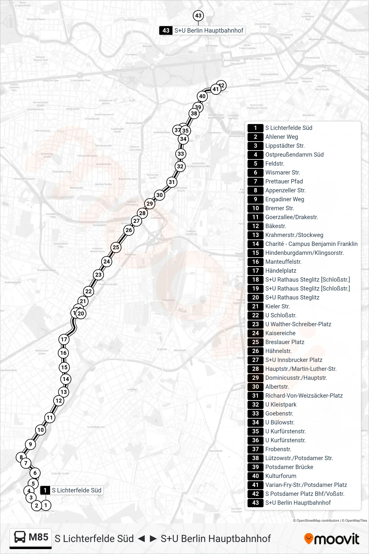Linie M85 (Bus) Richtung S+U Hauptbahnhof: Route und Haltestellen auf der Karte