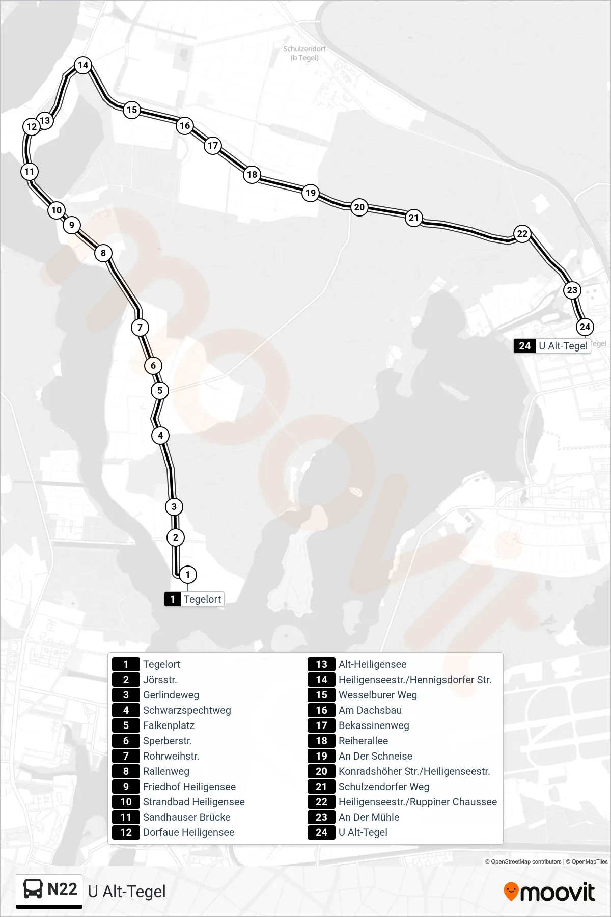 N22 bus Line (U Alt-Tegel) route and stops on a map