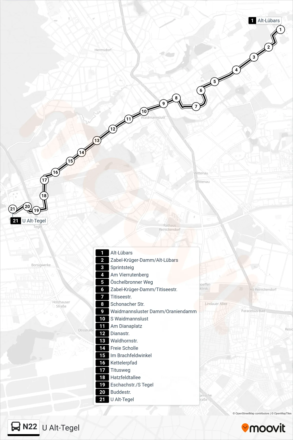Linie N22 (Bus) Richtung U Alt-Tegel: Route und Haltestellen auf der Karte