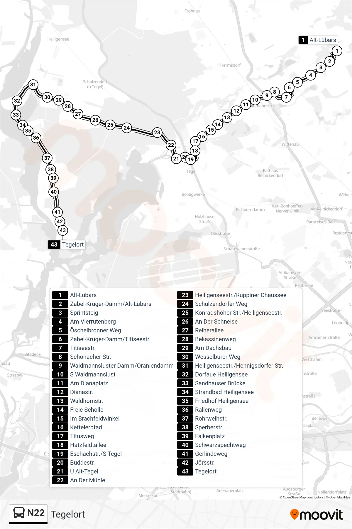 N22 bus Line (Tegelort) route and stops on a map
