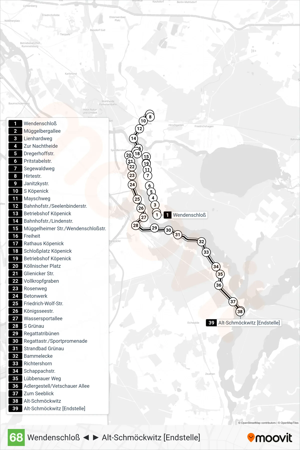 Linie 68 (Straßenbahn) Richtung S Köpenick: Route und Haltestellen auf der Karte
