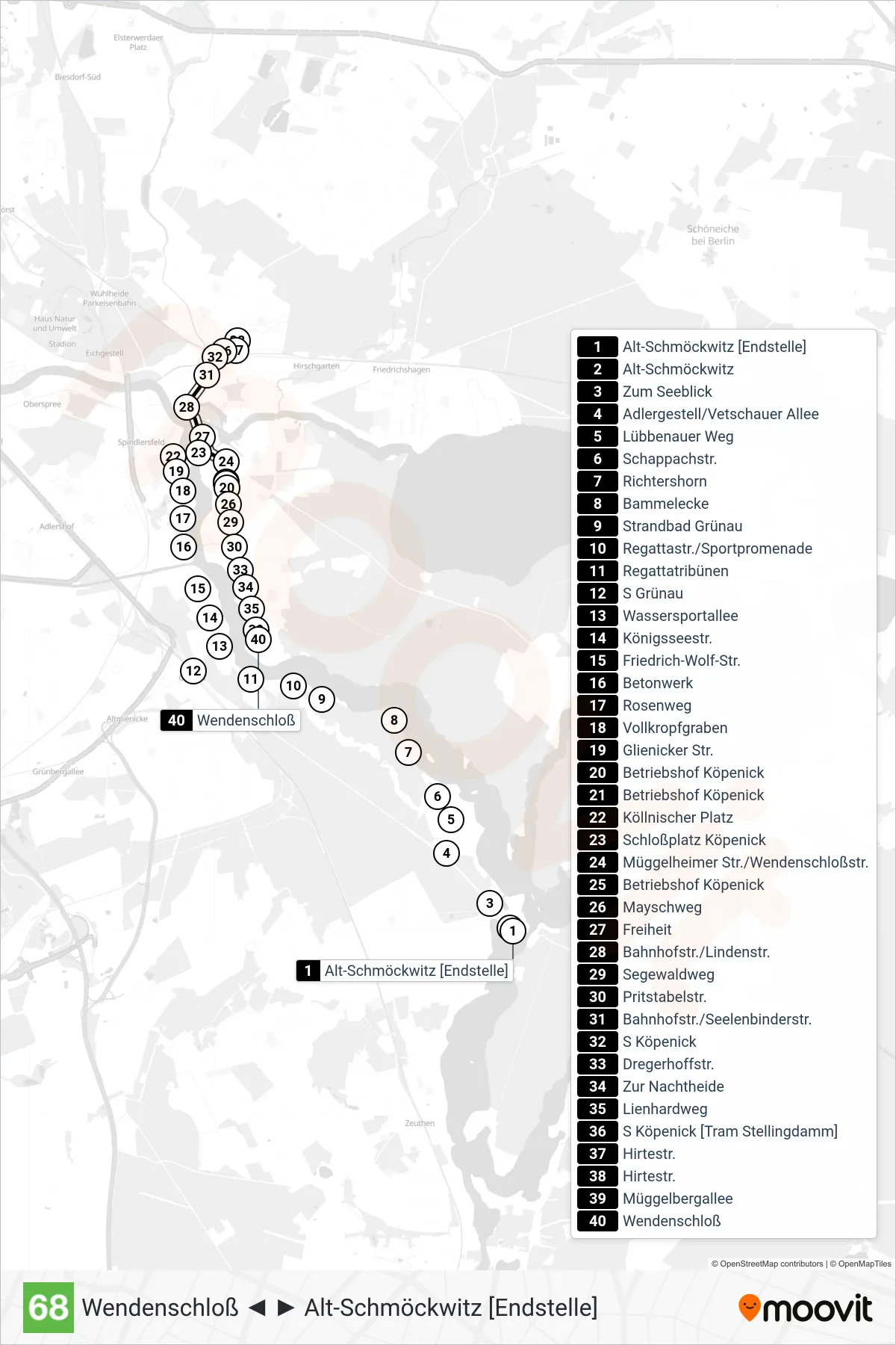Linie 68 (Straßenbahn) Richtung Alt-Schmöckwitz: Route und Haltestellen auf der Karte