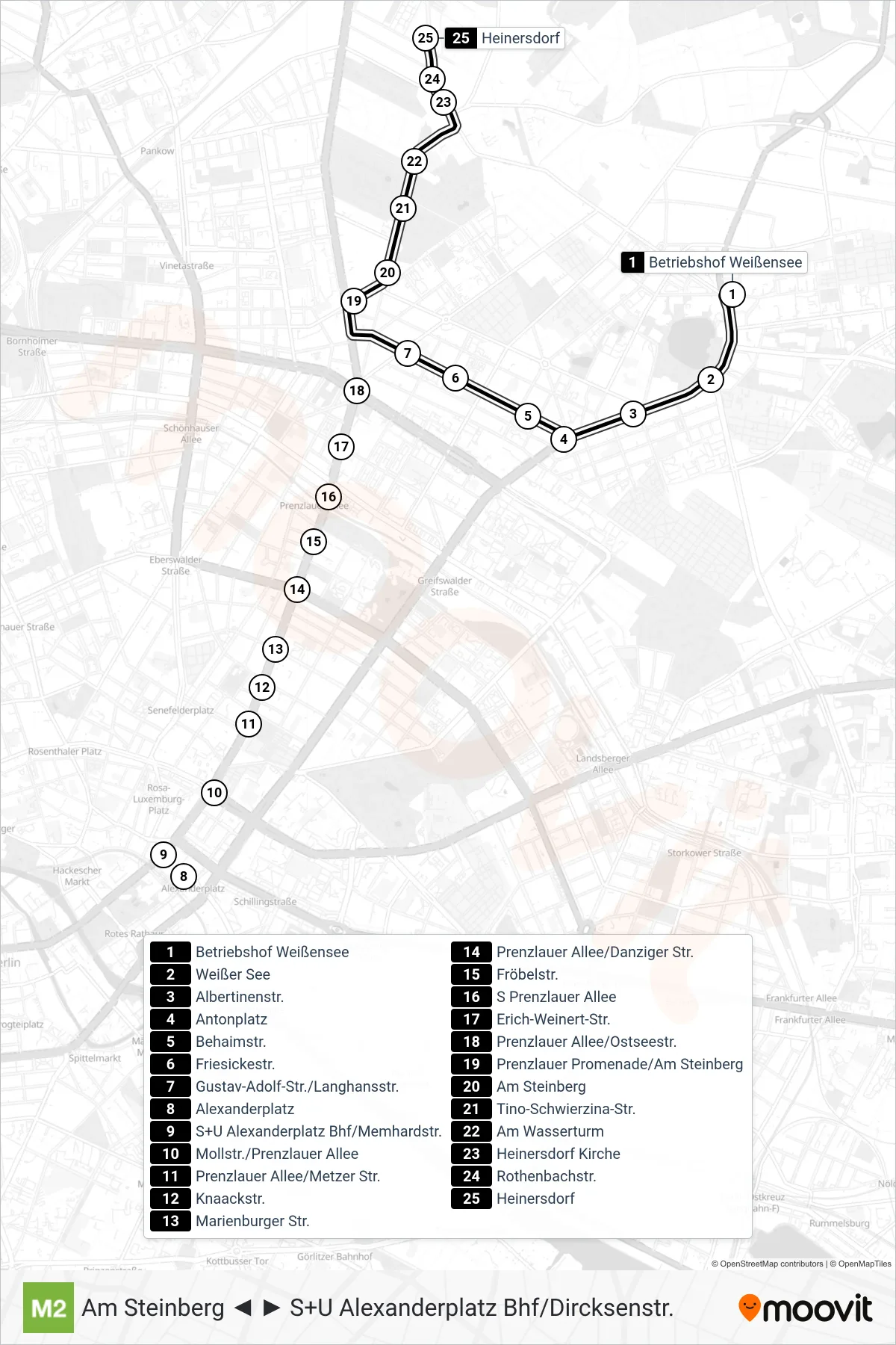 Linie M2 (Straßenbahn) Richtung Heinersdorf: Route und Haltestellen auf der Karte