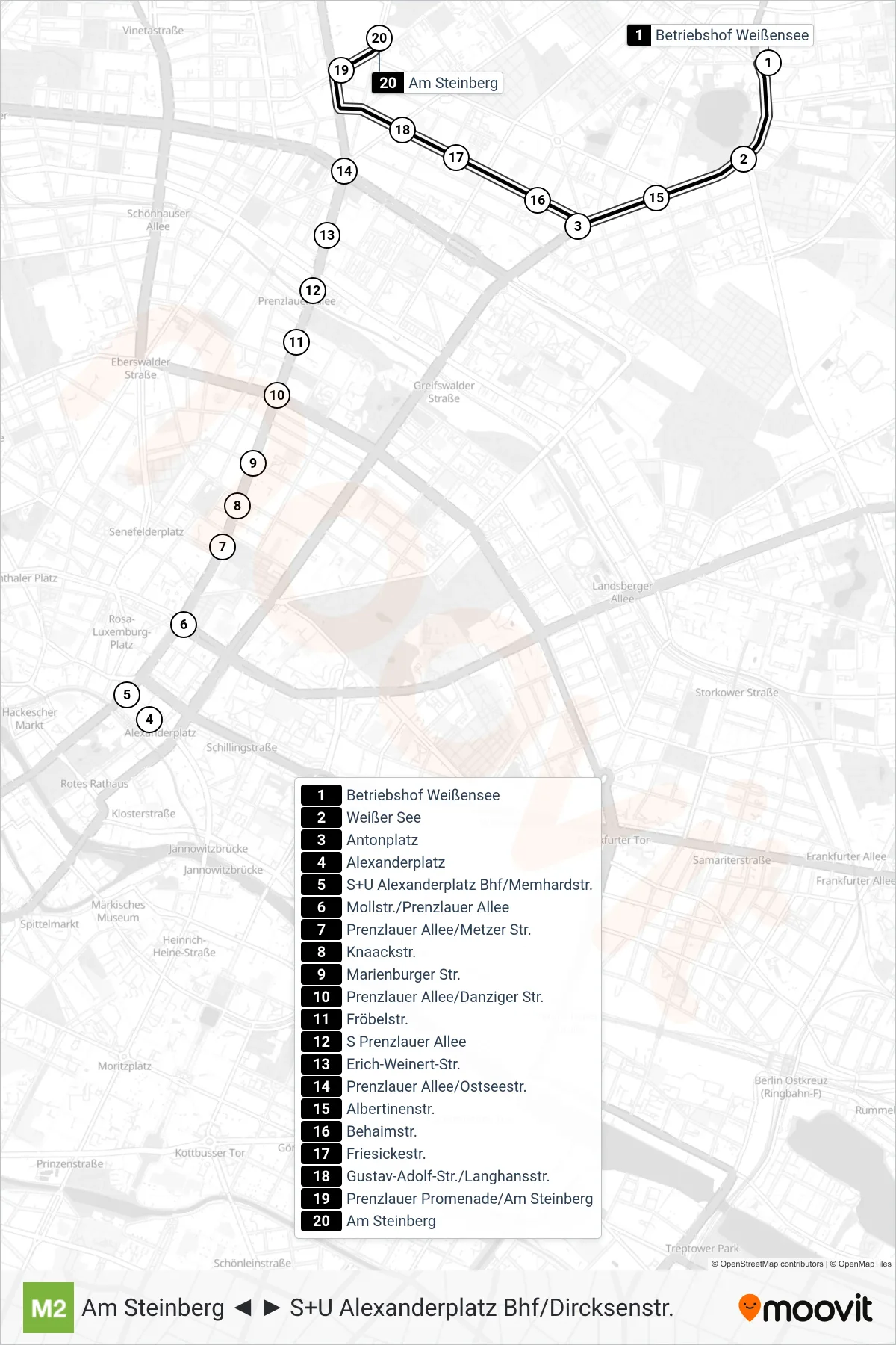 Linie M2 (Straßenbahn) Richtung Am Steinberg: Route und Haltestellen auf der Karte