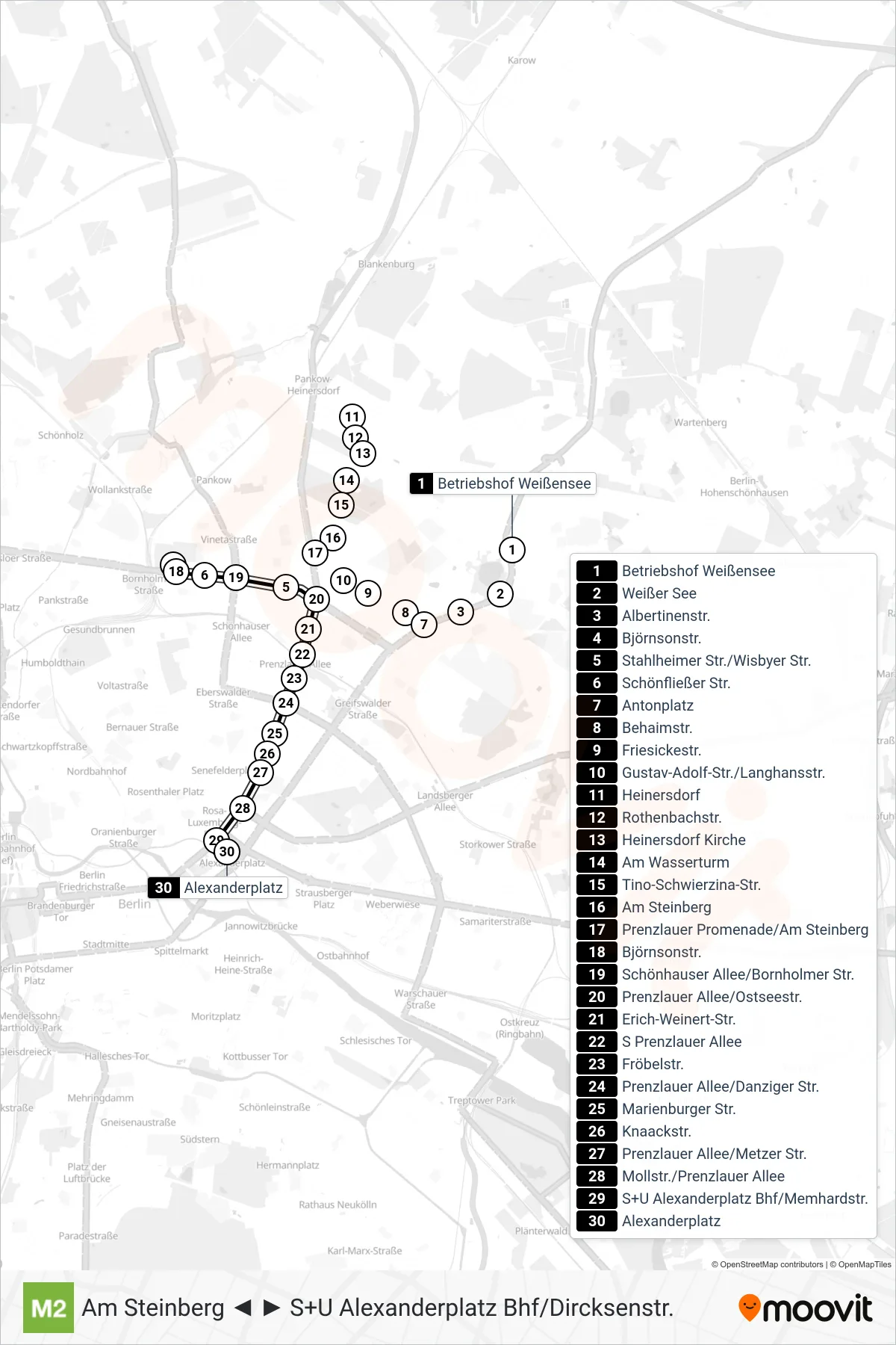 Linie M2 (Straßenbahn) Richtung S+U Alexanderplatz Bhf/Dircksenstr.: Route und Haltestellen auf der Karte