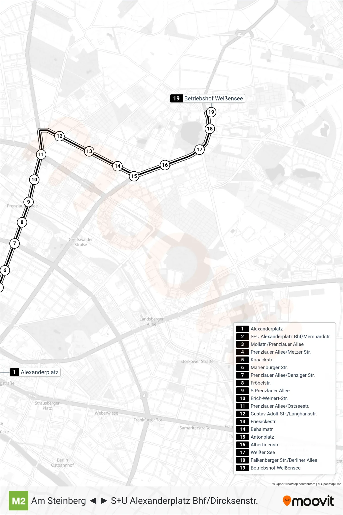 Linie M2 (Straßenbahn) Richtung Betriebshof Weißensee: Route und Haltestellen auf der Karte