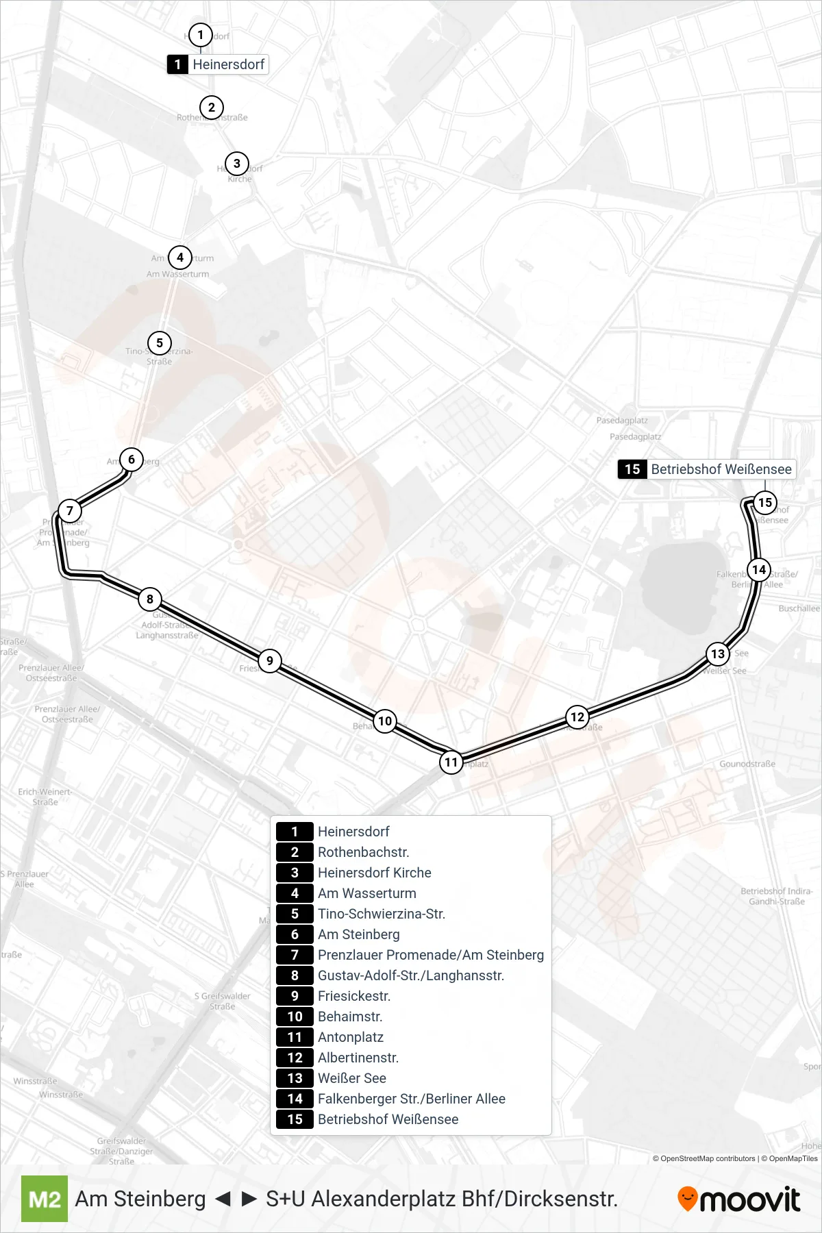 Linie M2 (Straßenbahn) Richtung Betriebshof Weißensee: Route und Haltestellen auf der Karte