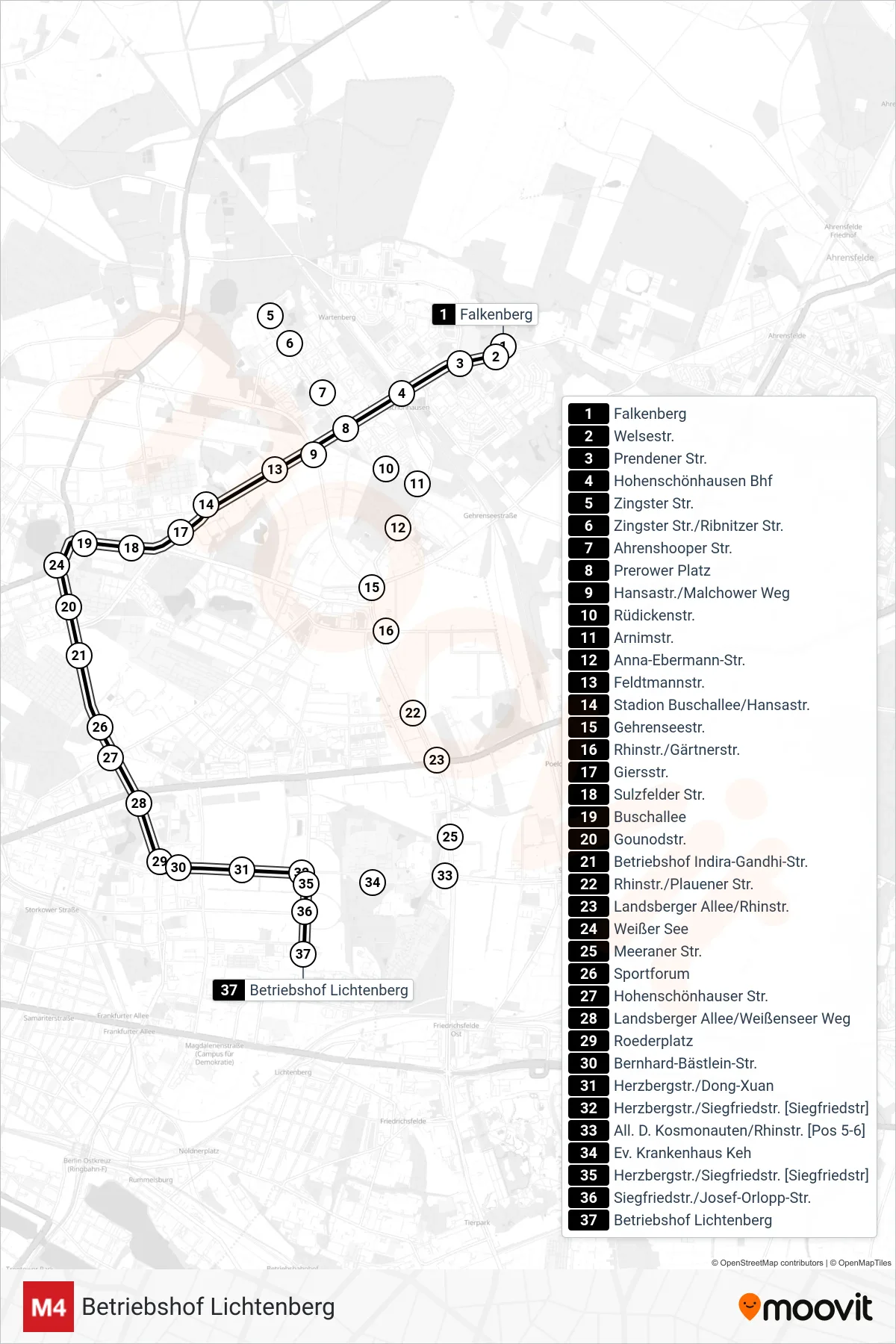 Linie M4 (Straßenbahn) Richtung Betriebshof Lichtenberg: Route und Haltestellen auf der Karte