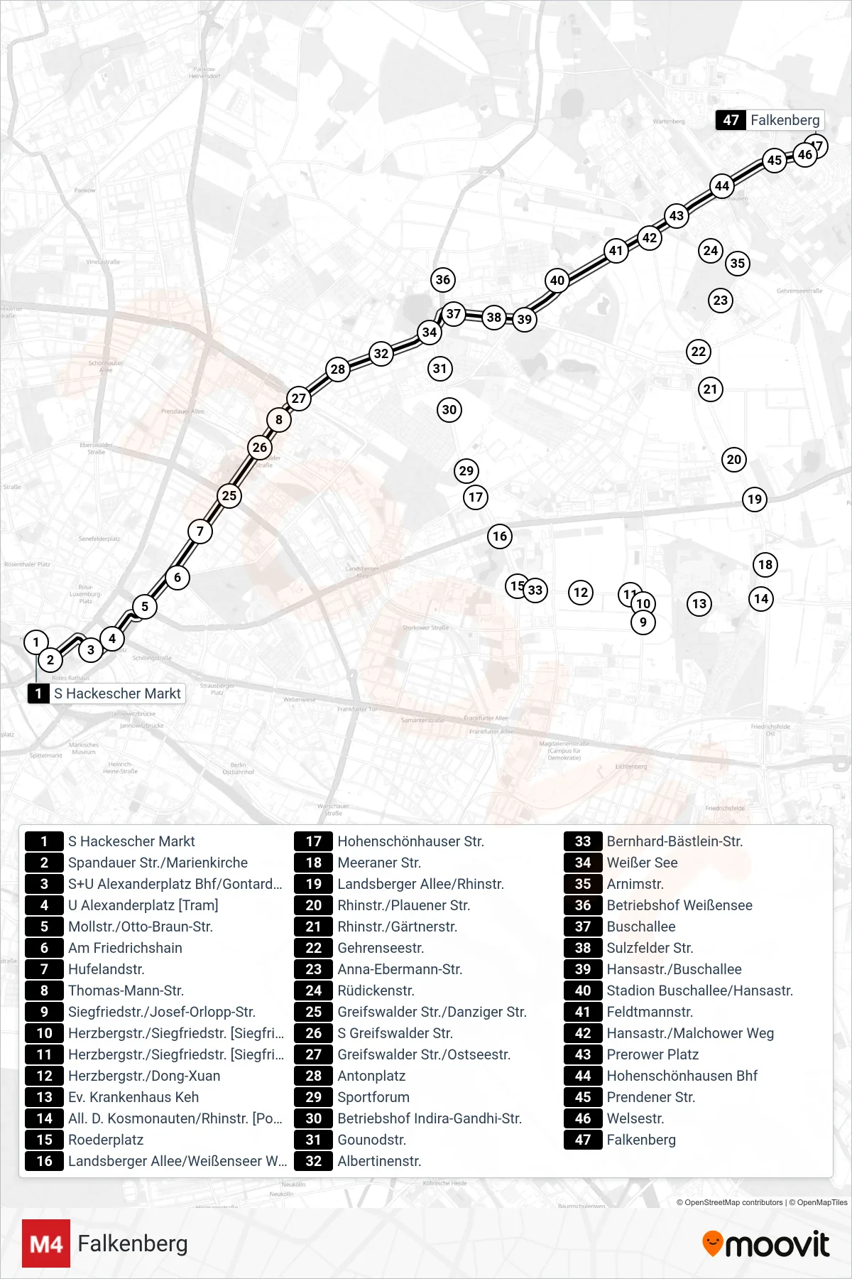 Linie M4 (Straßenbahn) Richtung Falkenberg: Route und Haltestellen auf der Karte