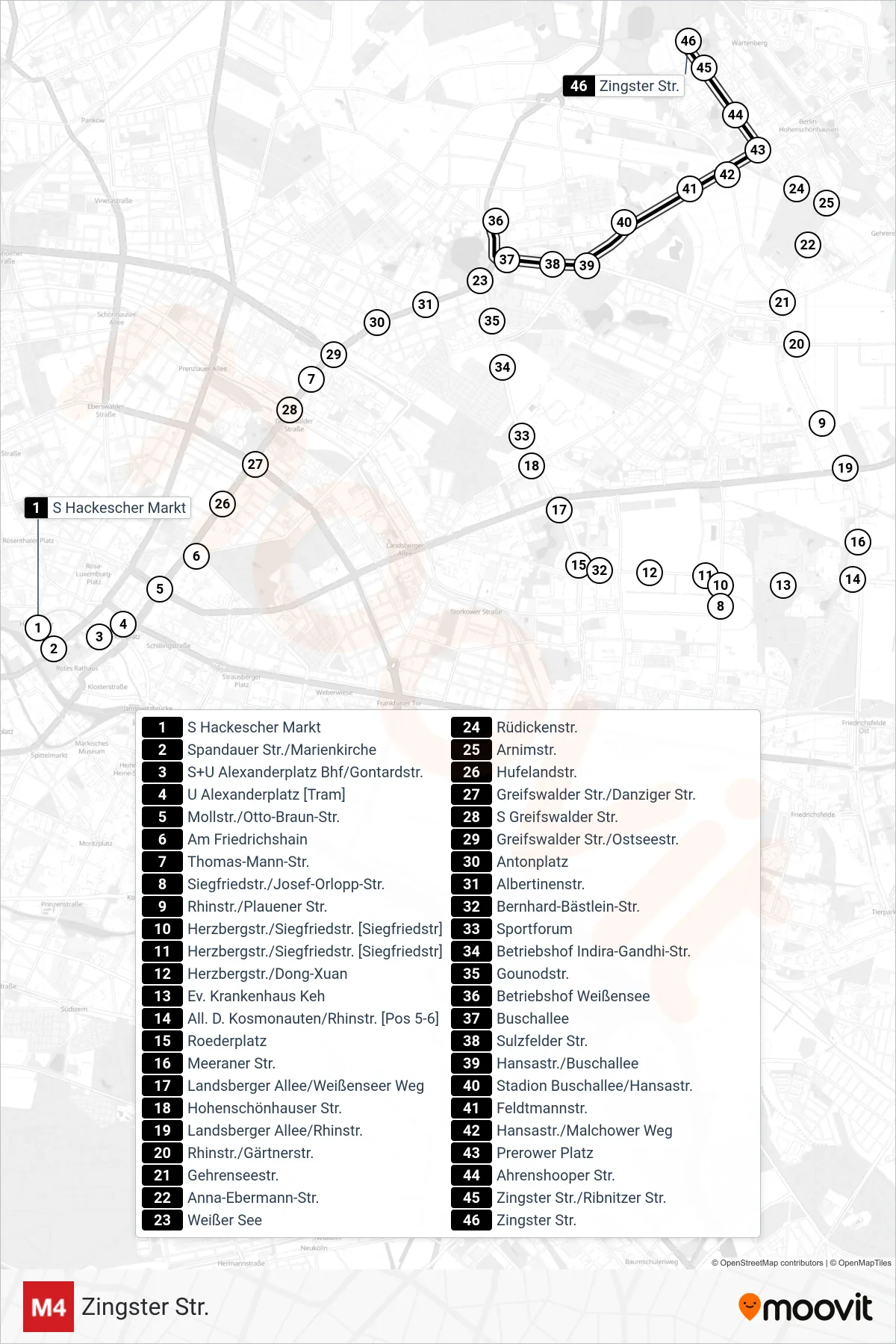 Linie M4 (Straßenbahn) Richtung Zingster Str.: Route und Haltestellen auf der Karte