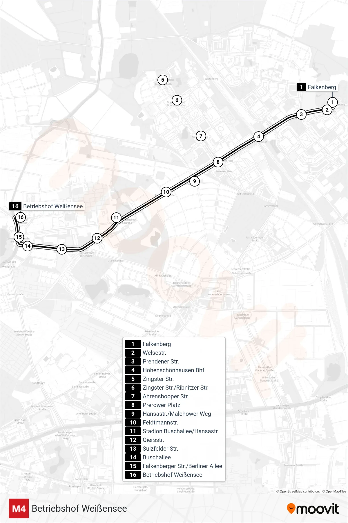 Linie M4 (Straßenbahn) Richtung Betriebshof Weißensee: Route und Haltestellen auf der Karte