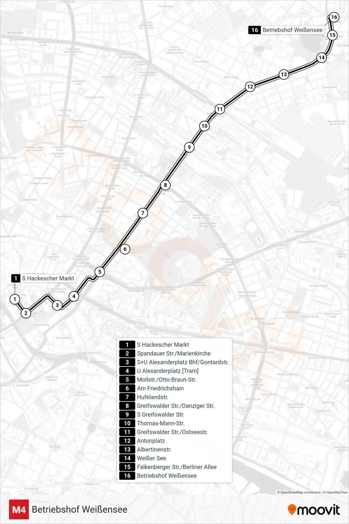 Linie M4 (Straßenbahn) Richtung Betriebshof Weißensee: Route und Haltestellen auf der Karte