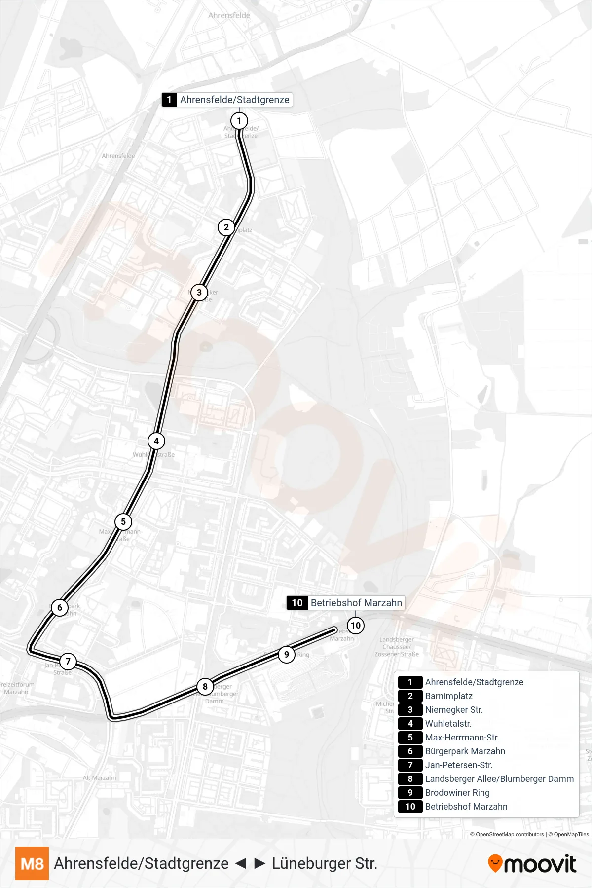 Linie M8 (Straßenbahn) Richtung Betriebshof Marzahn: Route und Haltestellen auf der Karte