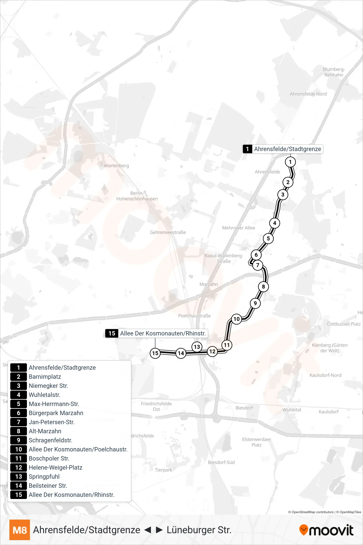 Linie M8 (Straßenbahn) Richtung Allee Der Kosmonauten/Rhinstr.: Route und Haltestellen auf der Karte