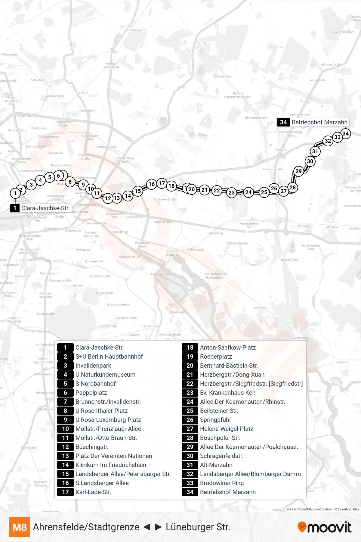 Linie M8 (Straßenbahn) Richtung Betriebshof Marzahn: Route und Haltestellen auf der Karte