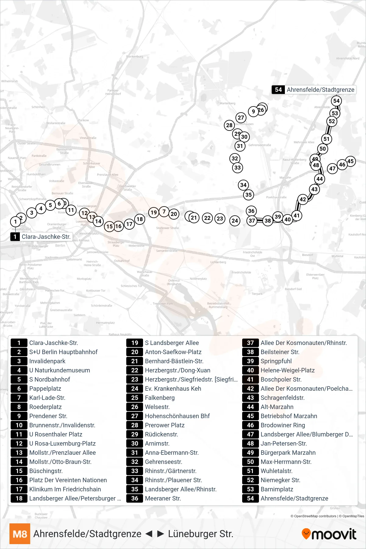 Linie M8 (Straßenbahn) Richtung Ahrensfelde/Stadtgrenze: Route und Haltestellen auf der Karte