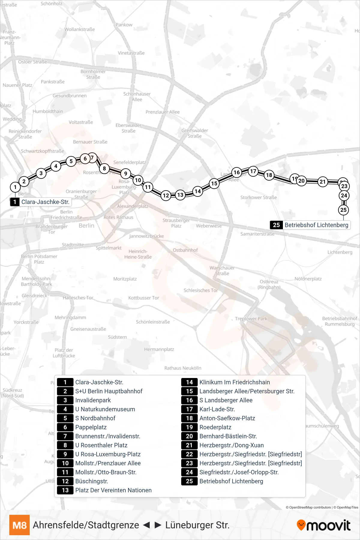 Linie M8 (Straßenbahn) Richtung Betriebshof Lichtenberg: Route und Haltestellen auf der Karte