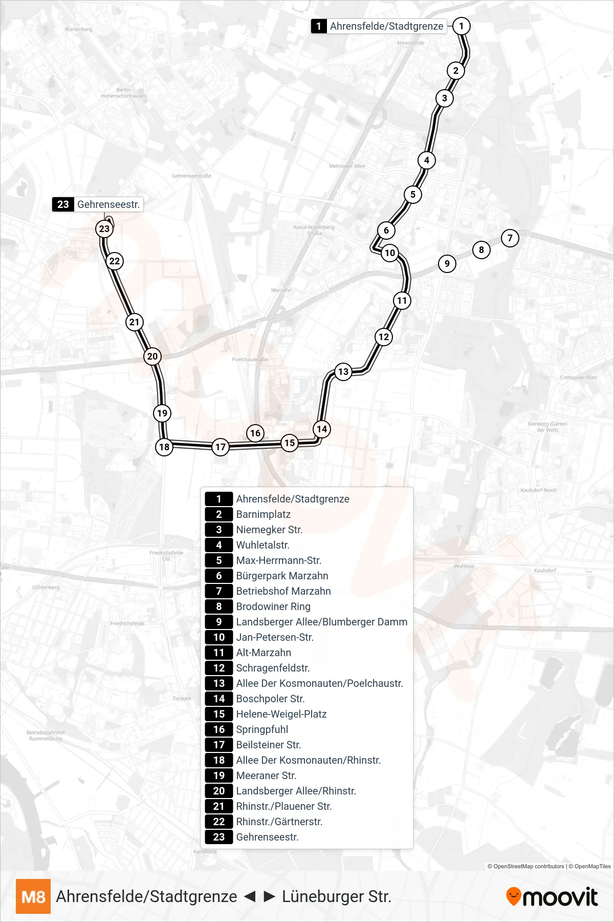 Linie M8 (Straßenbahn) Richtung Gehrenseestr.: Route und Haltestellen auf der Karte
