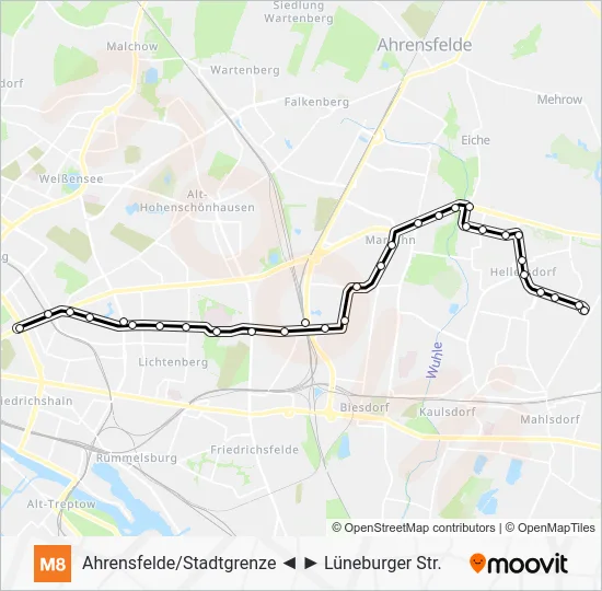 Трамвай M8: карта маршрута