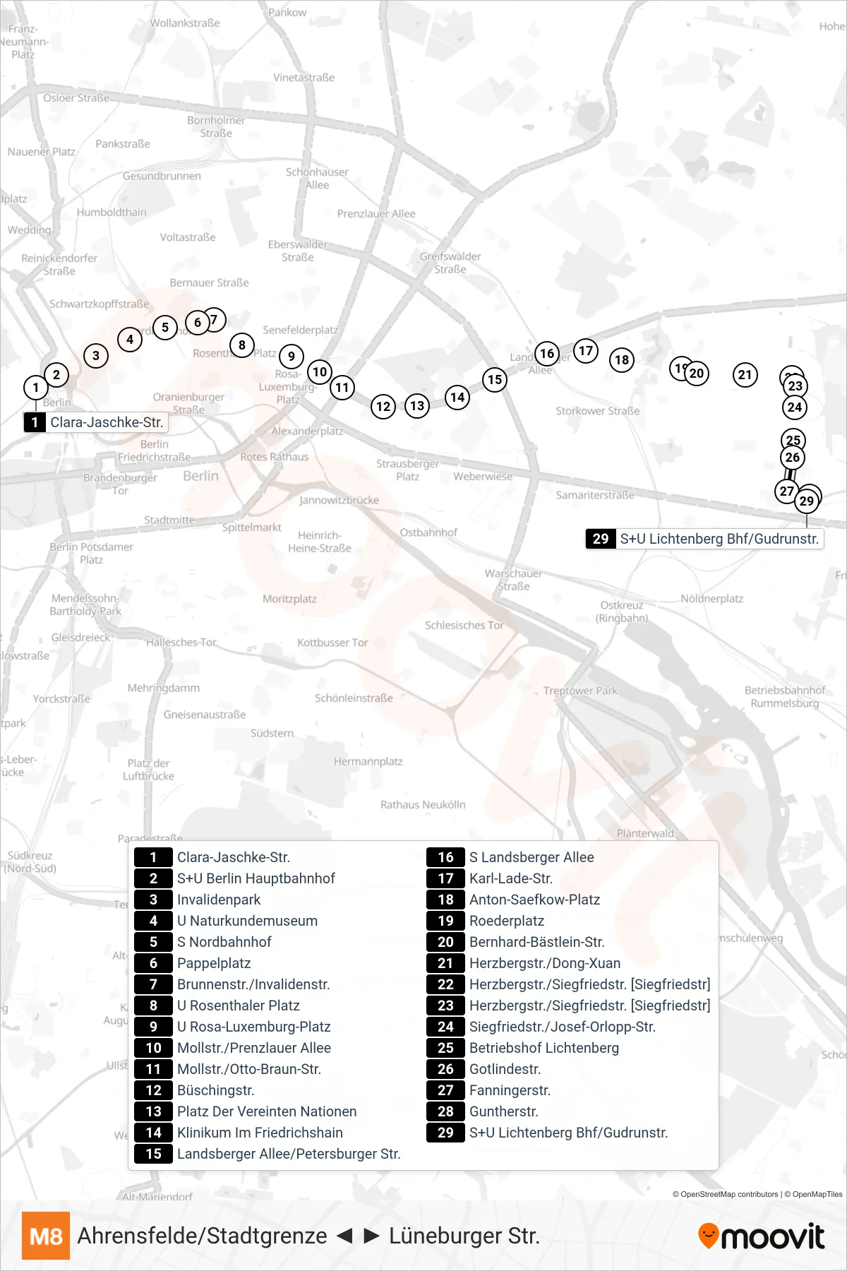 Linie M8 (Straßenbahn) Richtung S+U Lichtenberg Bhf/Gudrunstr.: Route und Haltestellen auf der Karte