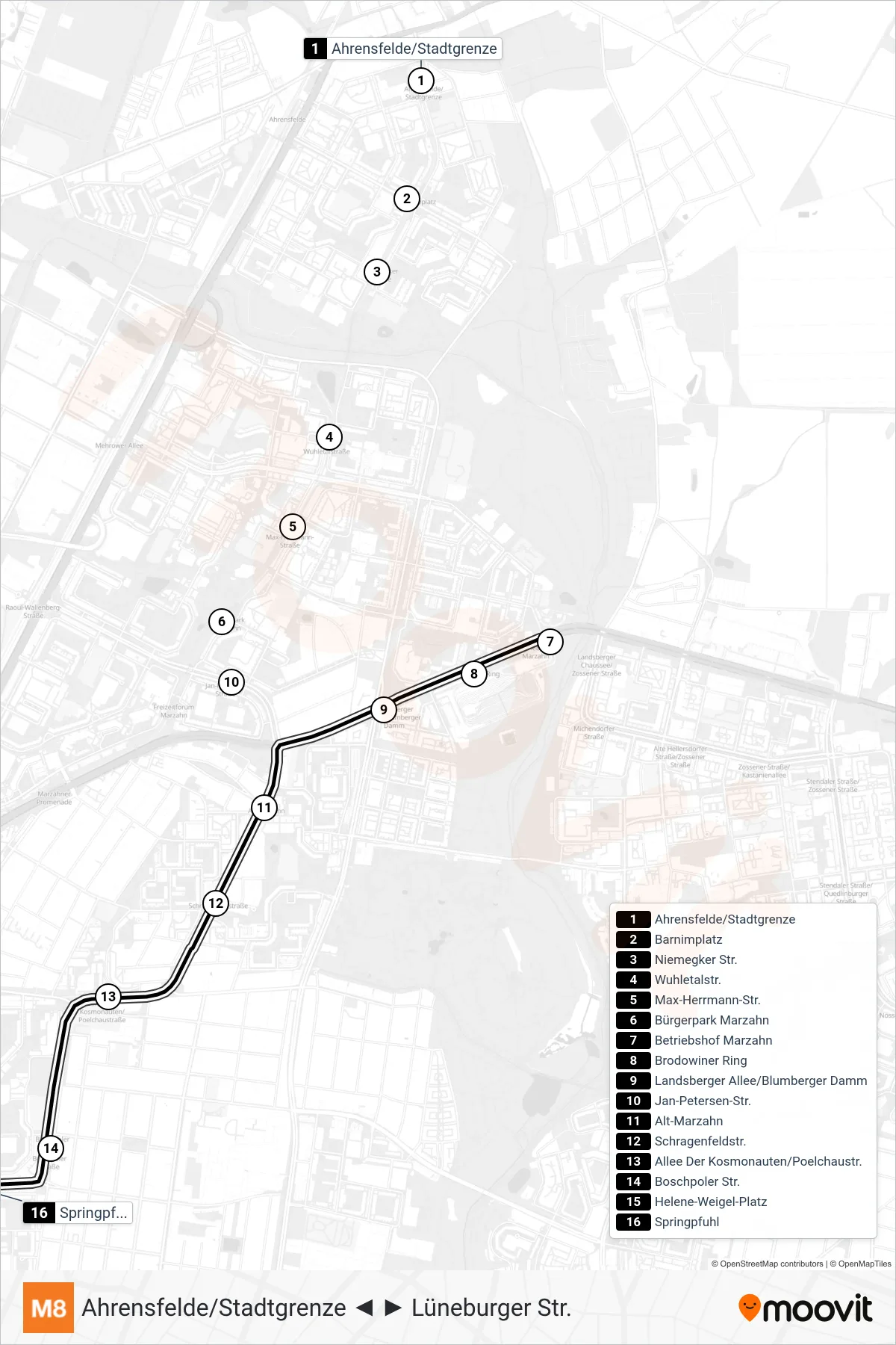 Linie M8 (Straßenbahn) Richtung S Springpfuhl: Route und Haltestellen auf der Karte