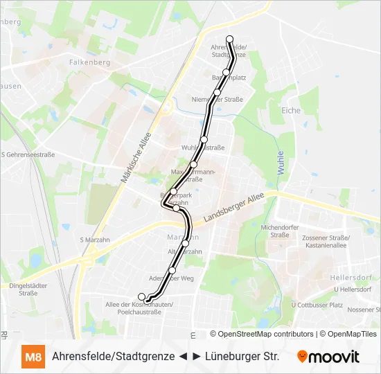 Трамвай M8: карта маршрута