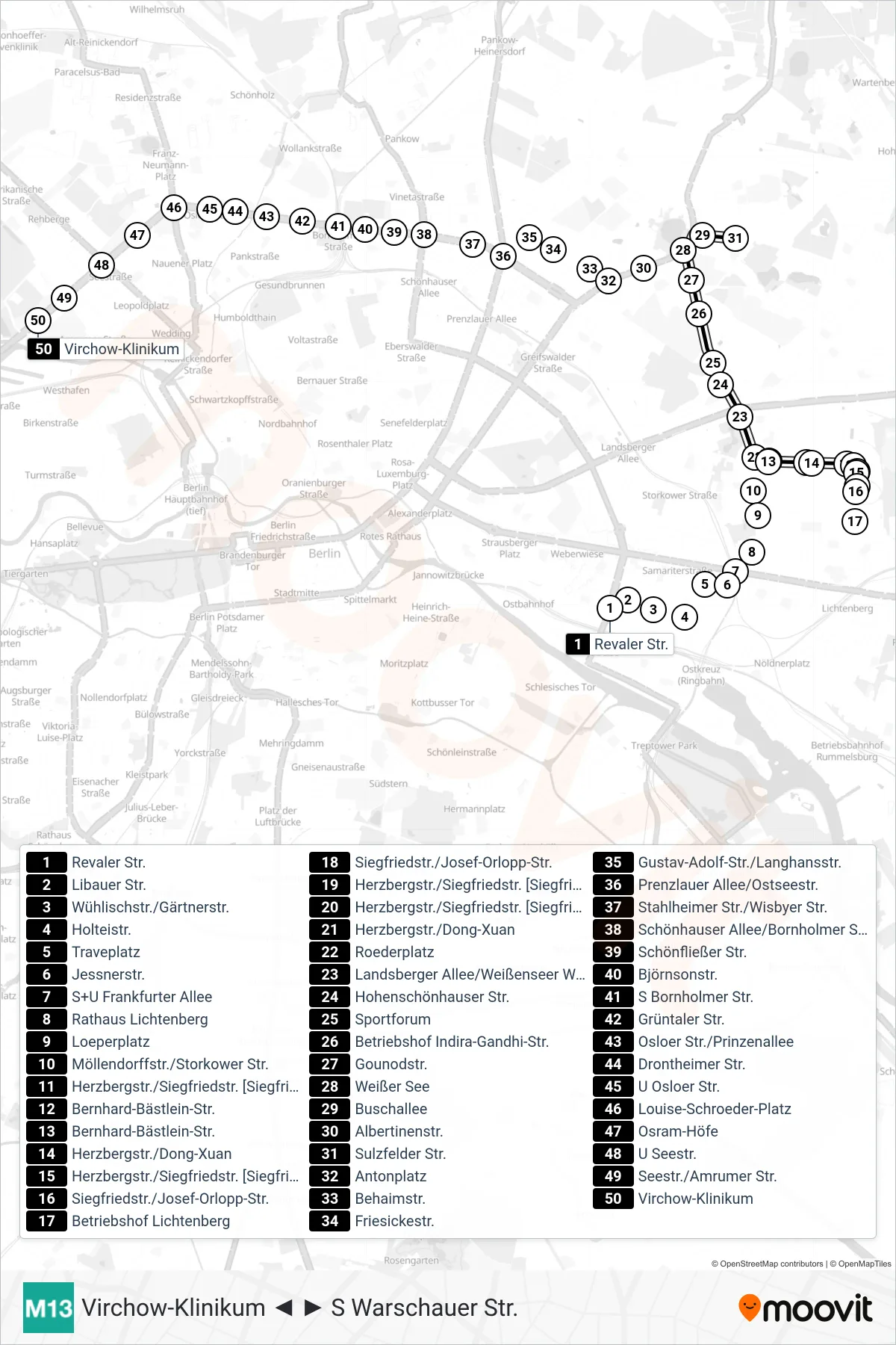 Linie M13 (Tram) Richtung Wedding, Virchow-Klinikum: Route und Haltestellen auf der Karte