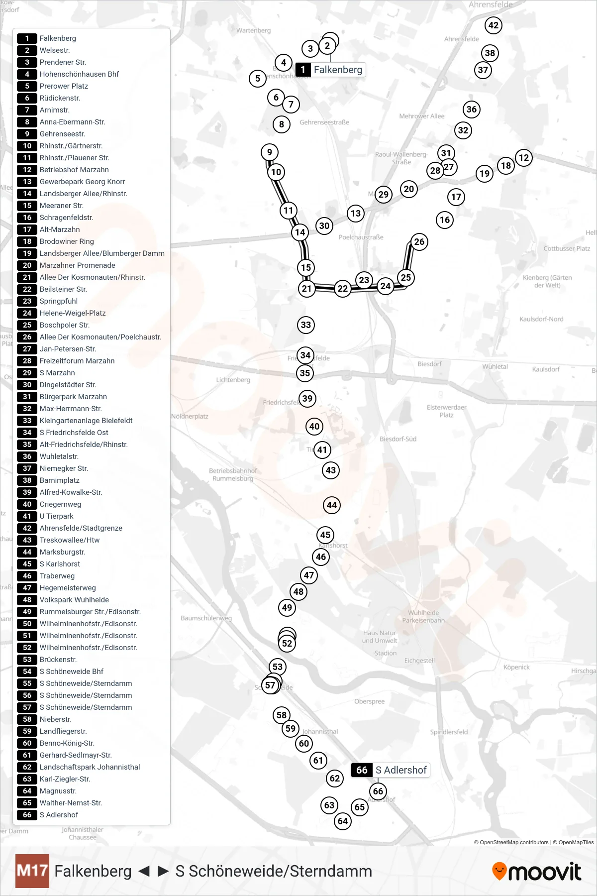 Linie M17 (Straßenbahn) Richtung S Schöneweide: Route und Haltestellen auf der Karte