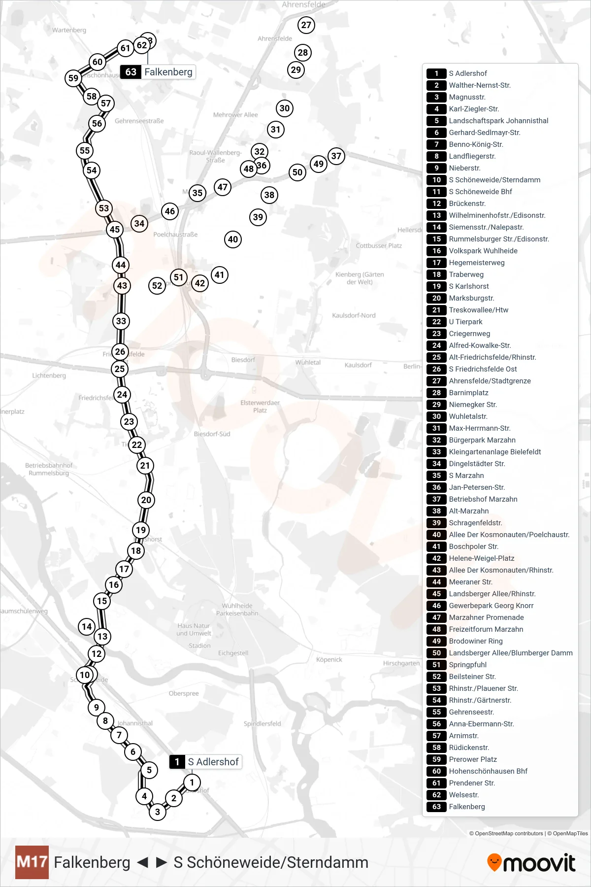 Linie M17 (Straßenbahn) Richtung Falkenberg: Route und Haltestellen auf der Karte