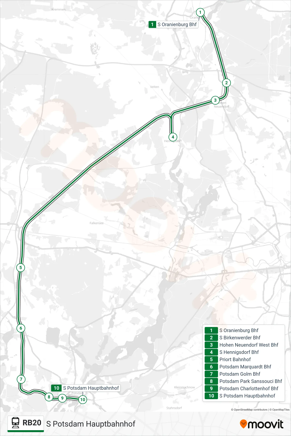 Linie RB20 (Bahn) Richtung S Potsdam Hauptbahnhof: Route und Haltestellen auf der Karte
