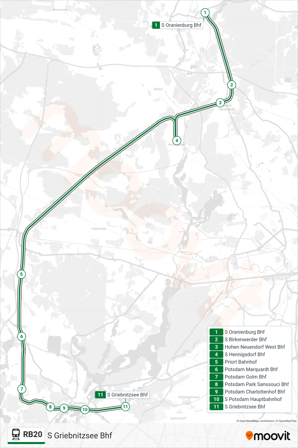 Linie RB20 (Bahn) Richtung S Griebnitzsee Bhf: Route und Haltestellen auf der Karte