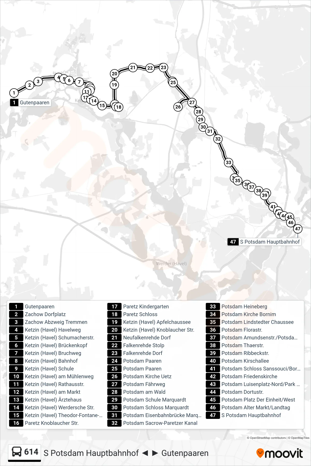 Linie 614 (Bus) Richtung S Potsdam Hauptbahnhof: Route und Haltestellen auf der Karte