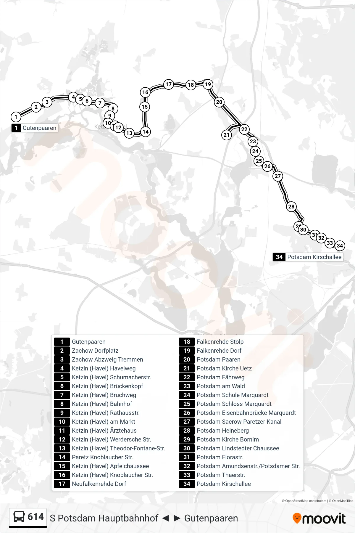 Linie 614 (Bus) Richtung Potsdam Kirschallee: Route und Haltestellen auf der Karte