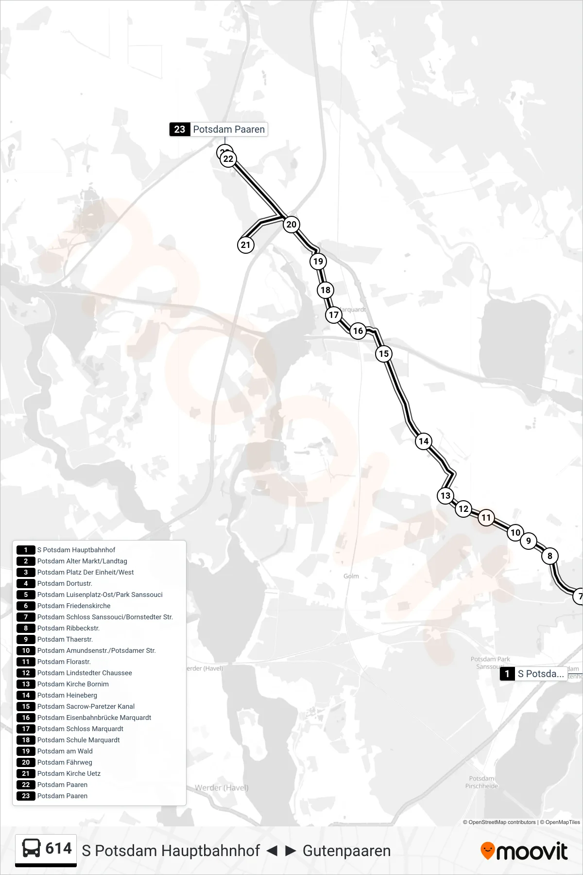 614 bus Line (Potsdam Paaren) route and stops on a map