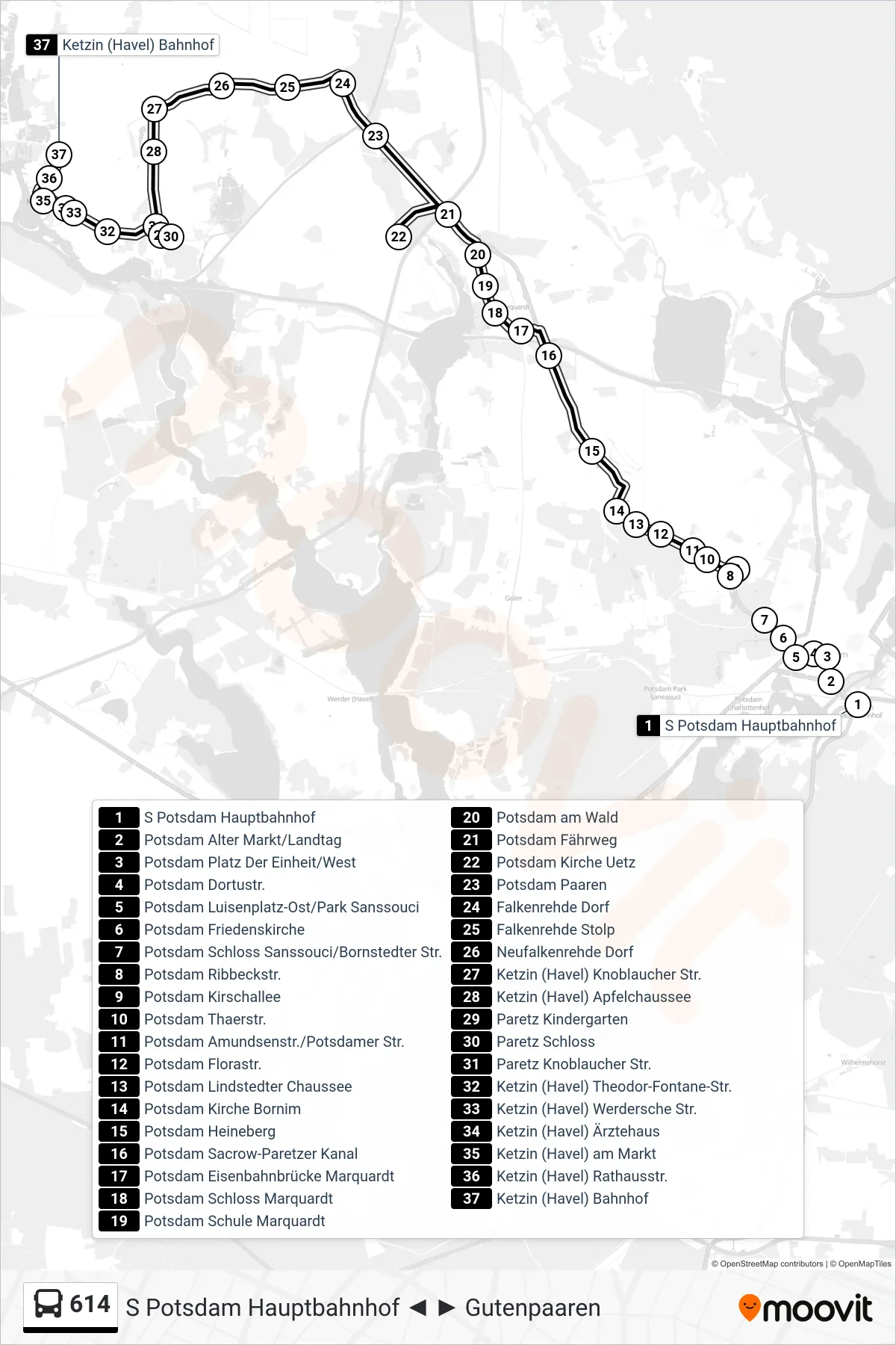 Linie 614 (Bus) Richtung Ketzin (Havel) Bahnhof: Route und Haltestellen auf der Karte