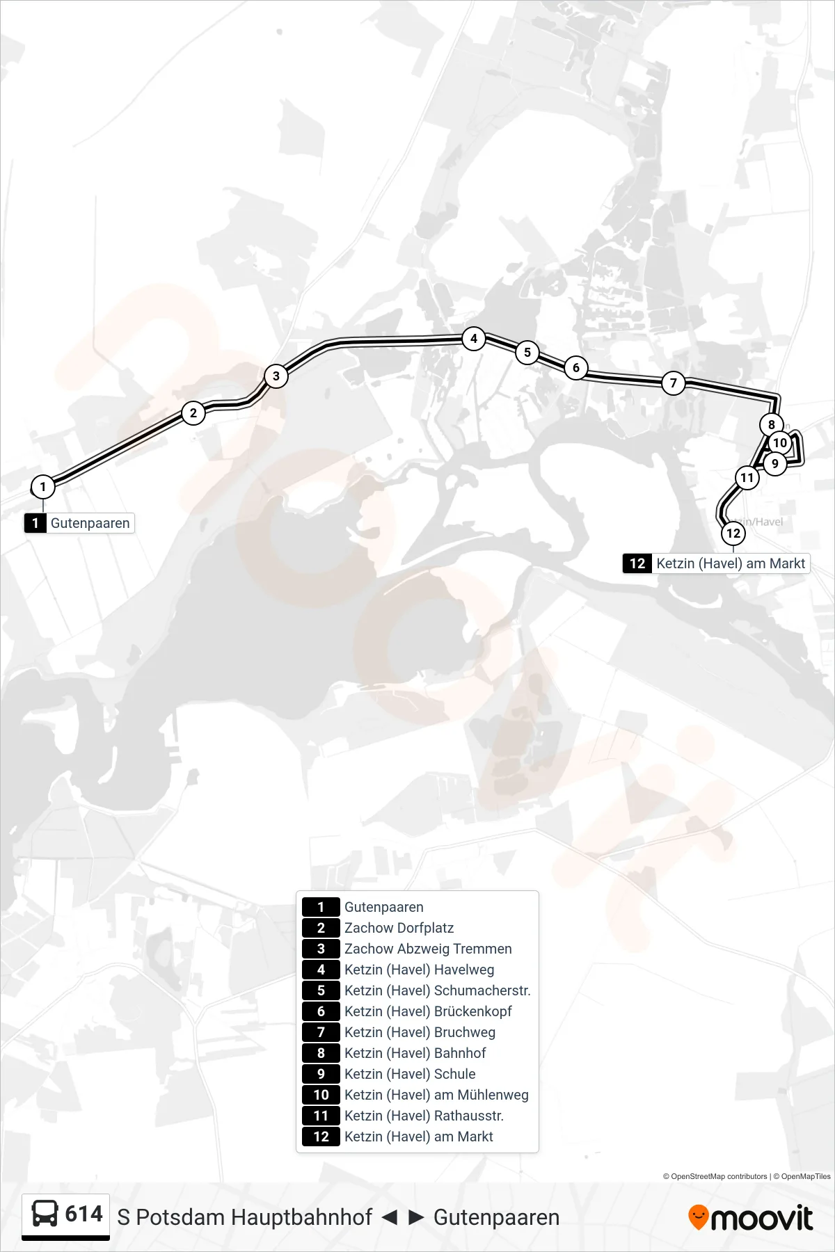 Linie 614 (Bus) Richtung Ketzin (Havel) am Markt: Route und Haltestellen auf der Karte