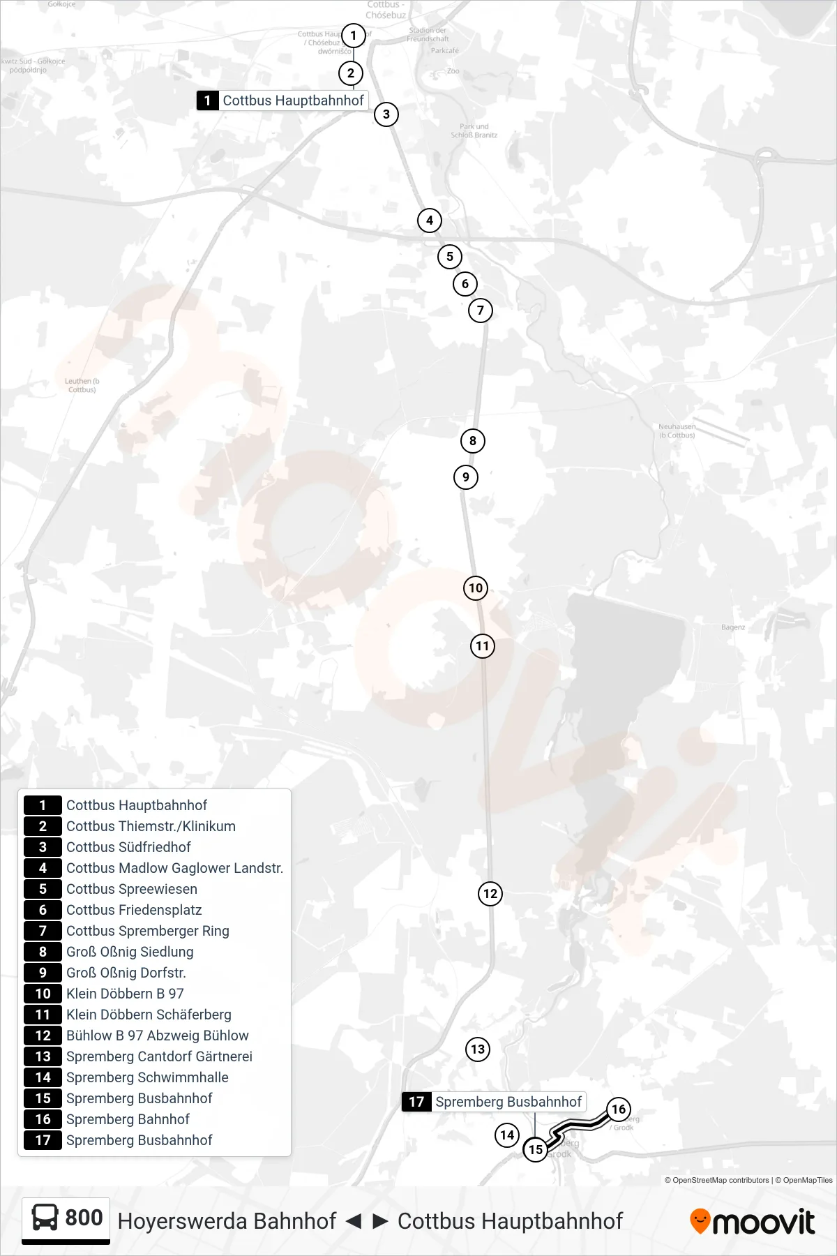 Linie 800 (Bus) Richtung Spremberg Busbahnhof: Route und Haltestellen auf der Karte