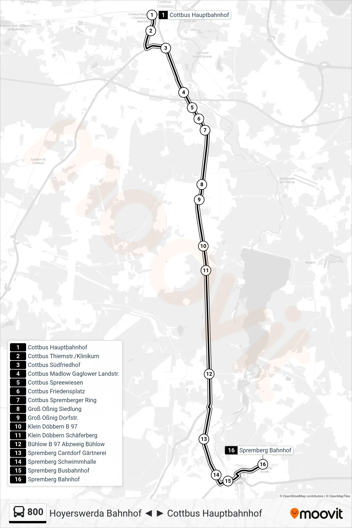 Linie 800 (Bus) Richtung Spremberg Bahnhof: Route und Haltestellen auf der Karte