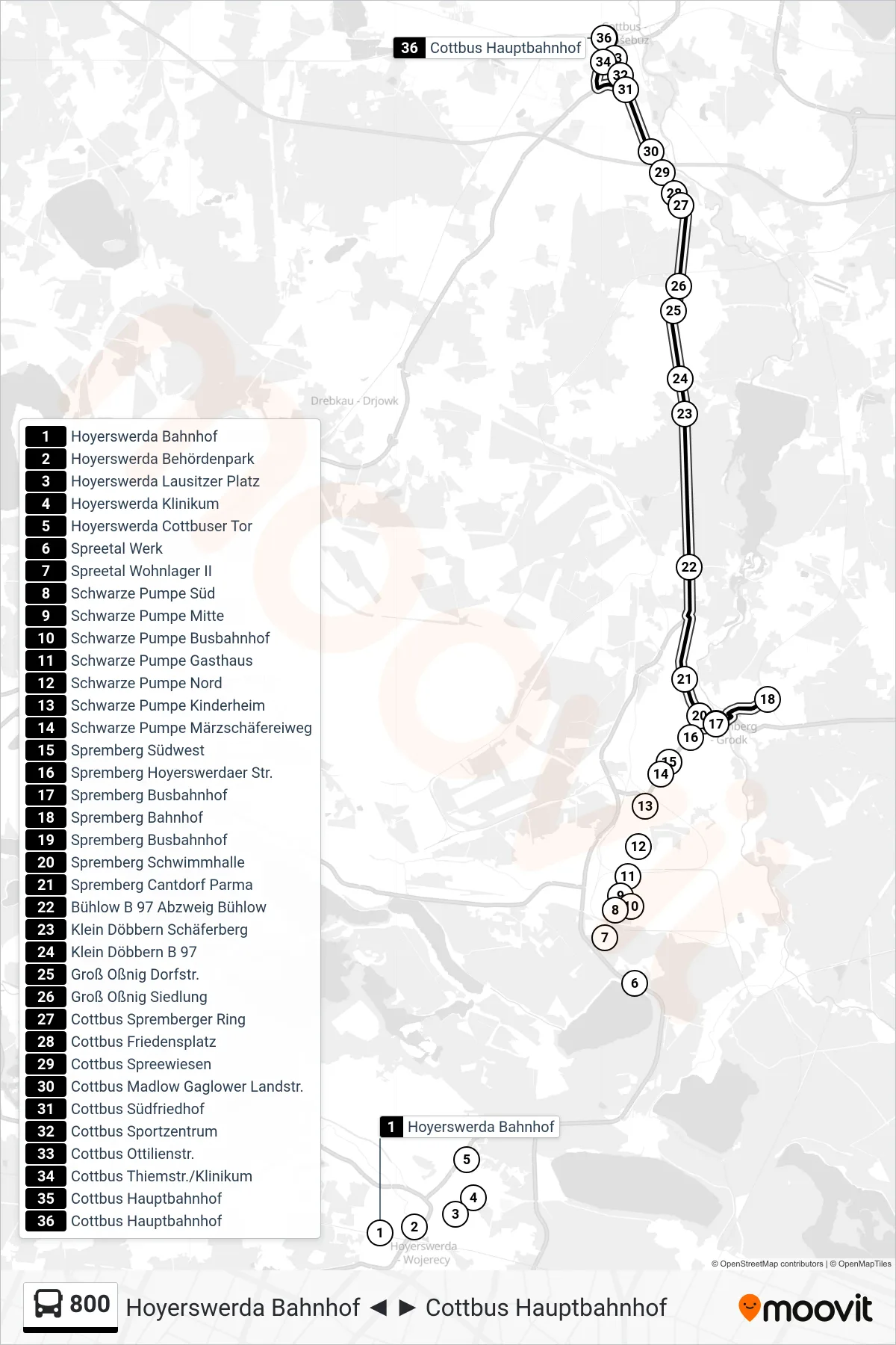 Linie 800 (Bus) Richtung Cottbus Hauptbahnhof: Route und Haltestellen auf der Karte