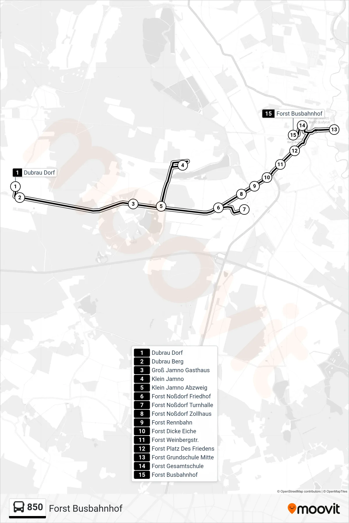 Linie 850 (Bus) Richtung Forst Busbahnhof: Route und Haltestellen auf der Karte