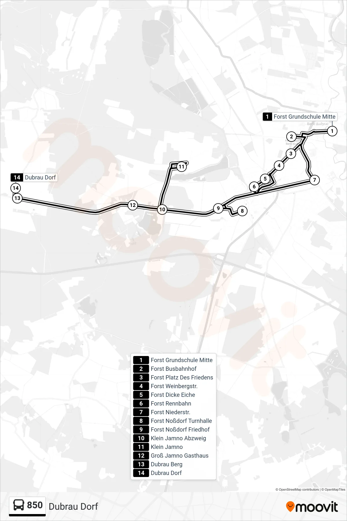 Linie 850 (Bus) Richtung Dubrau Dorf: Route und Haltestellen auf der Karte