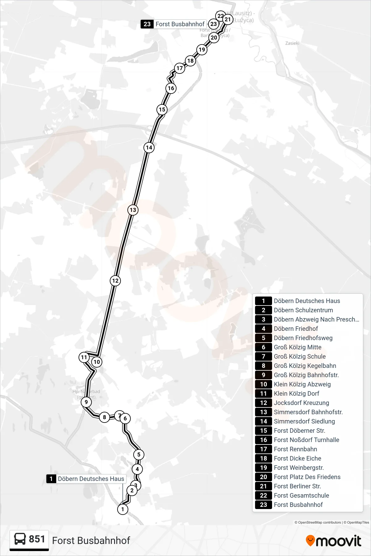 851 bus Line (Forst Busbahnhof) route and stops on a map