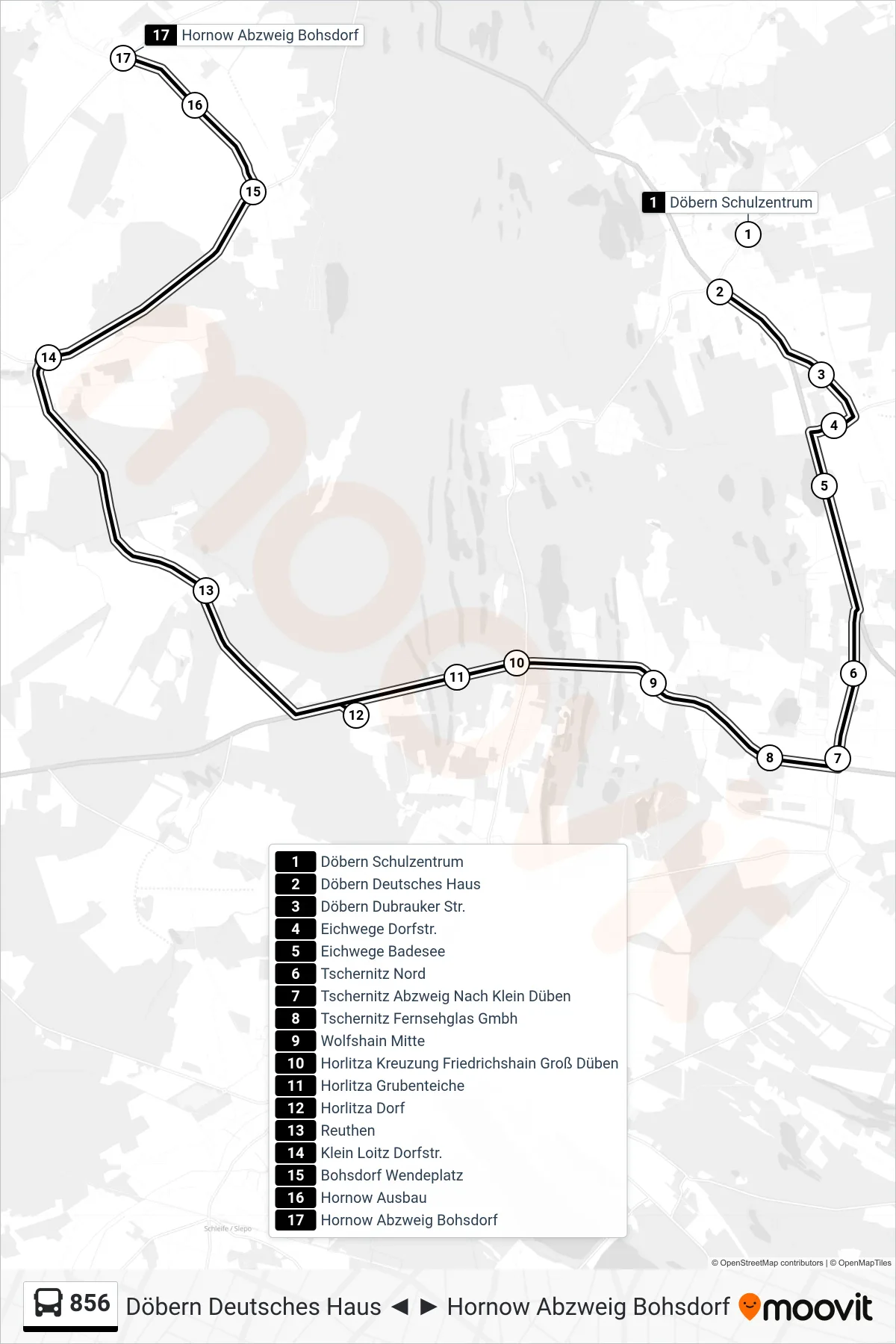 Linie 856 (Bus) Richtung Hornow Abzweig Bohsdorf: Route und Haltestellen auf der Karte