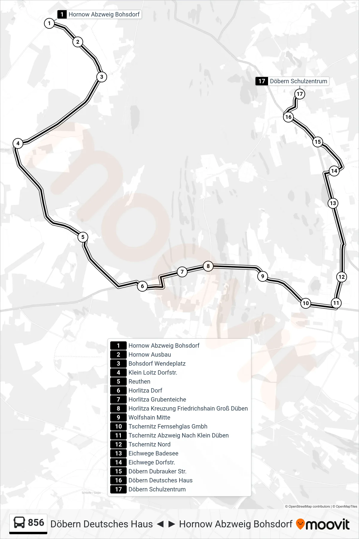 Linie 856 (Bus) Richtung Döbern Schulzentrum: Route und Haltestellen auf der Karte