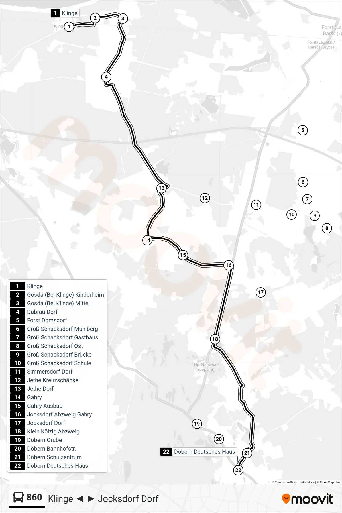 Linie 860 (Bus) Richtung Döbern Deutsches Haus: Route und Haltestellen auf der Karte