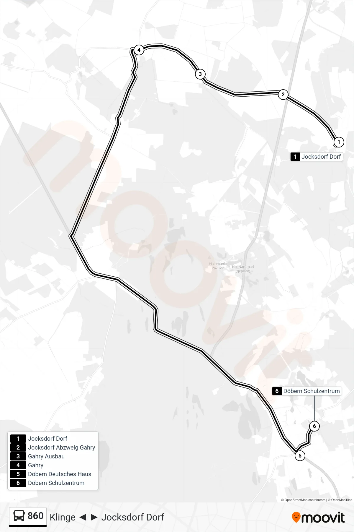 860 bus Line (Döbern Schulzentrum) route and stops on a map