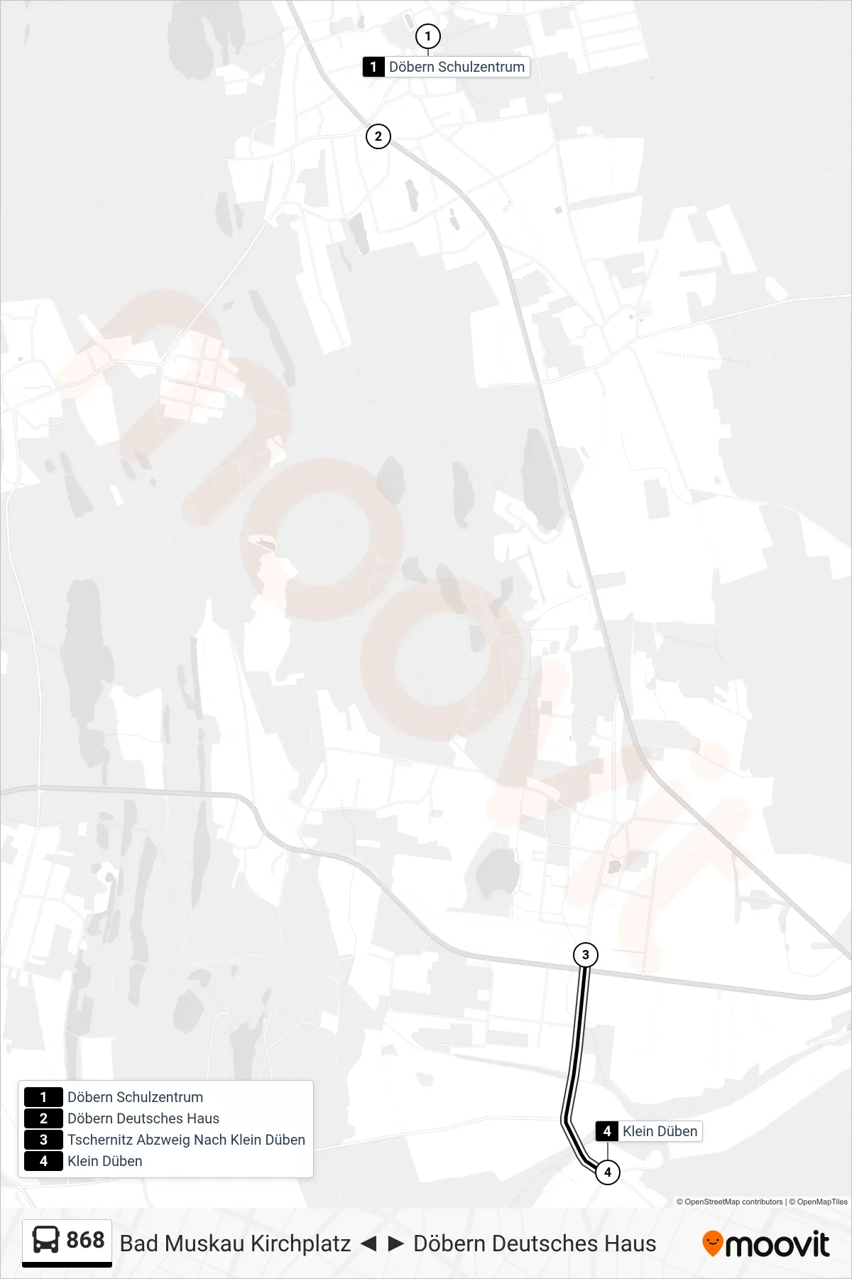 868 bus Line (Klein Düben) route and stops on a map