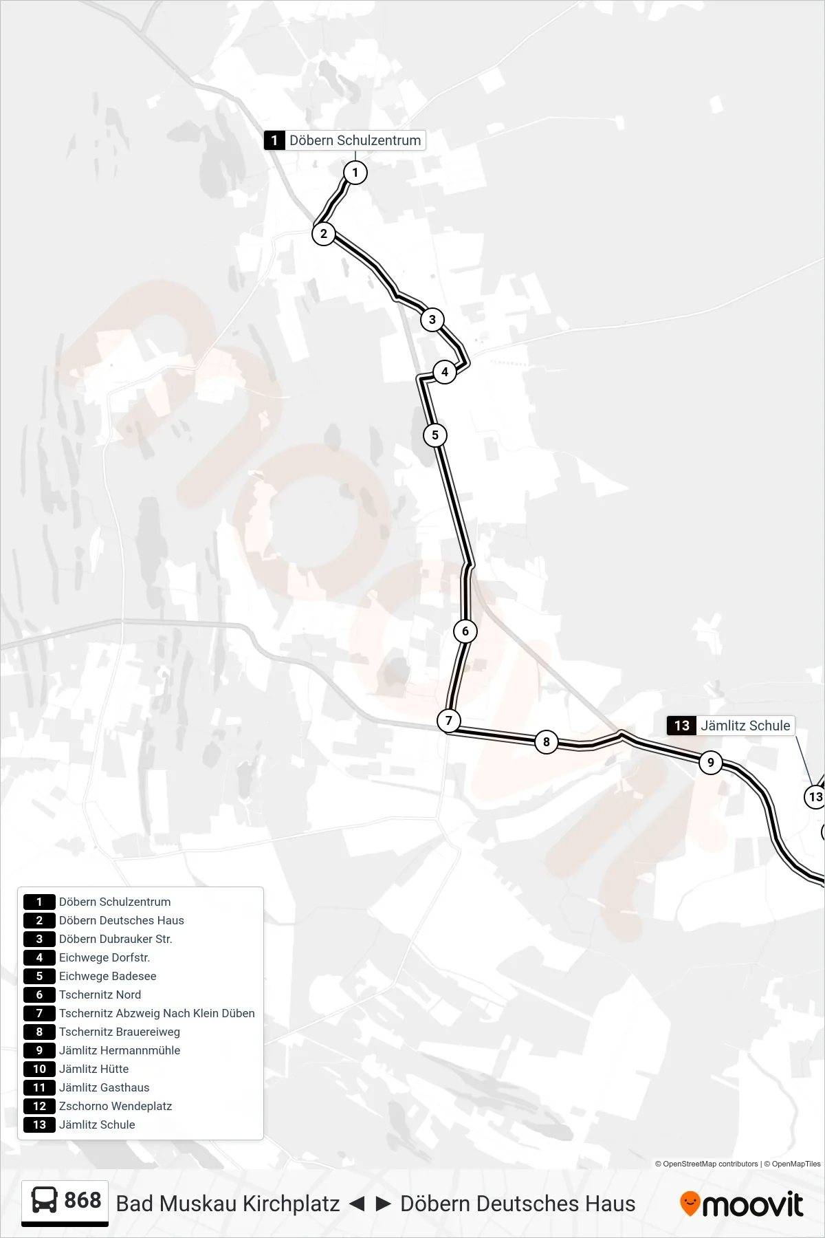 868 bus Line (Jämlitz Schule) route and stops on a map