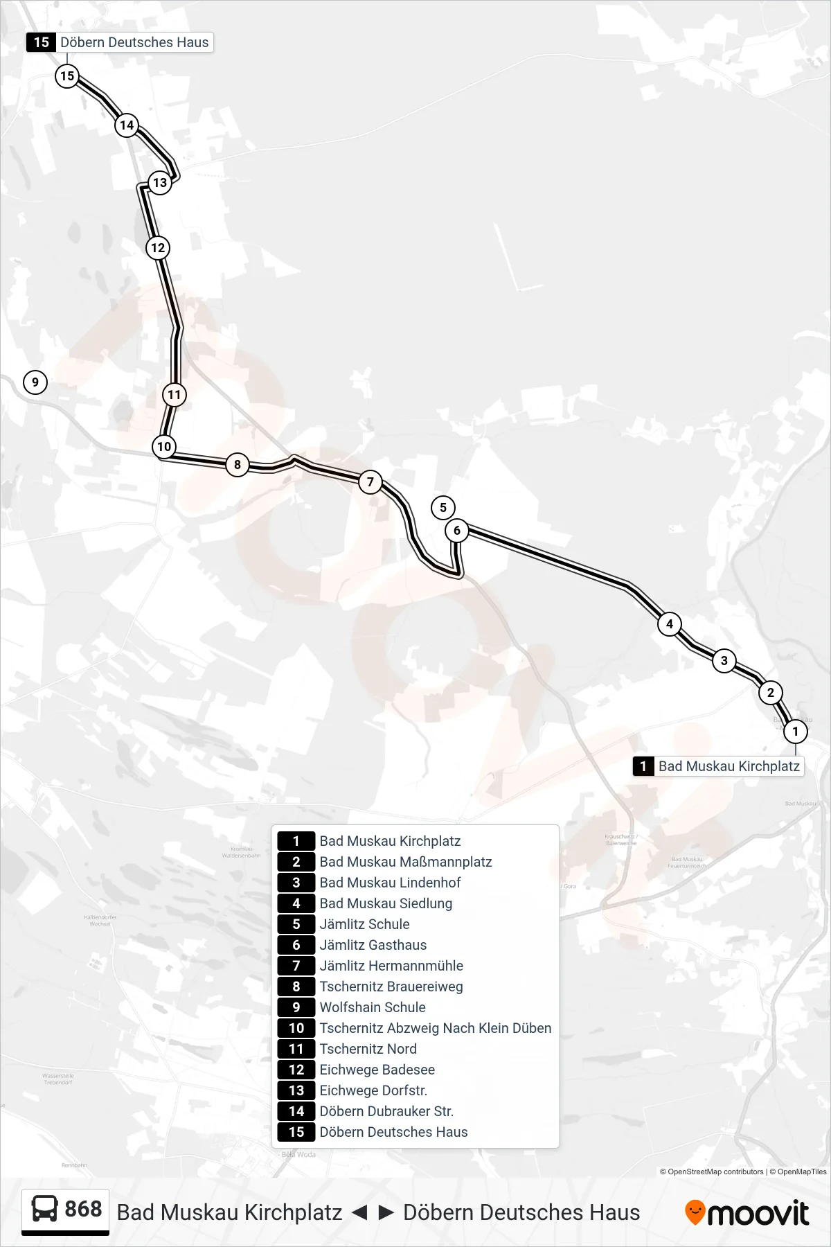 Linie 868 (Bus) Richtung Döbern Deutsches Haus: Route und Haltestellen auf der Karte